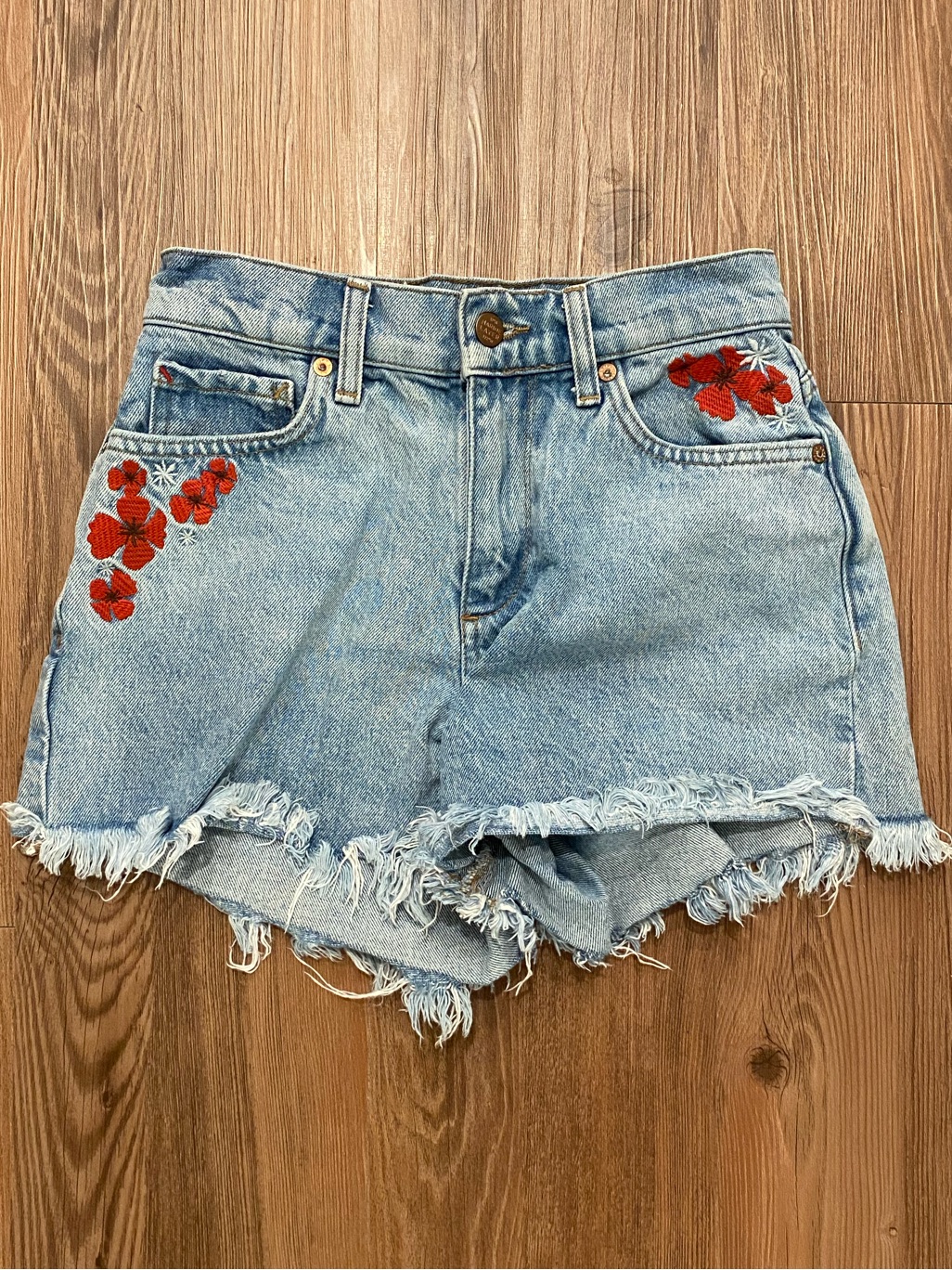 Marine Layer Light Wash Denim Shorts With Red Floral Embroidery
